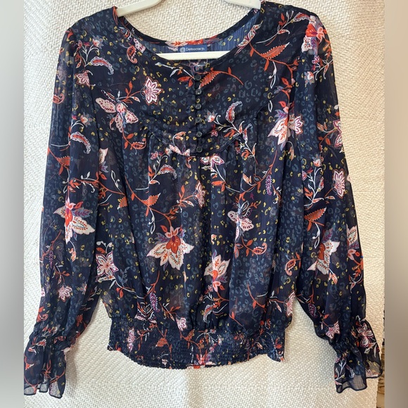 Democracy | Flowy Semi-Sheer Long Blouson Sleeve Blouse with Smocked Hem M… - Picture 3 of 10